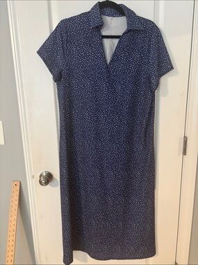Source Unknown Navy Blue Polka Dot Collared Midi Dress